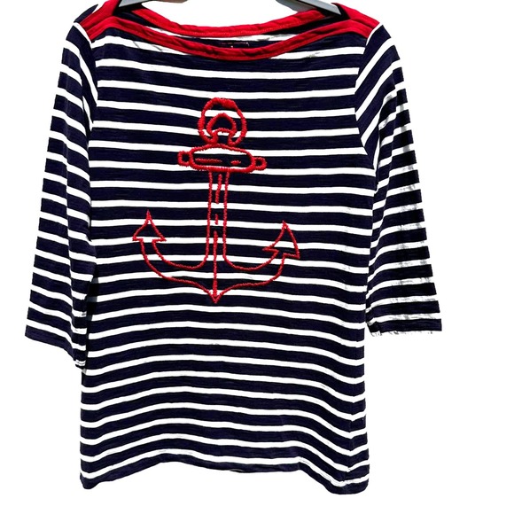 Hatley - Navy White Striped Boat Neck Shirt with Embroidered Red Anchor, SizeL - Picture 3 of 9